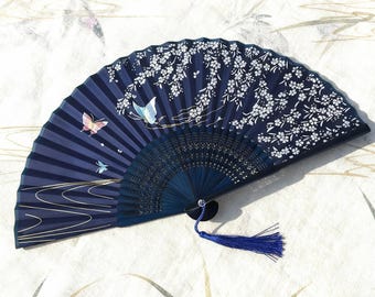 Blue & White Japanese Silk Folding Fan, Elegant Handmade Bamboo Hand Fan for Weddings, Decor, Dance Performance or Gift for Her