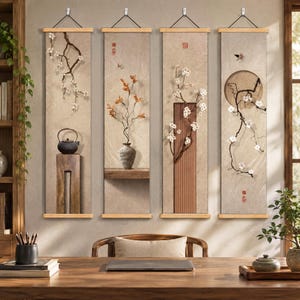 Japansk väggrulle-gobeläng för zen-heminredning, Wabi Sabi estetisk hängande konst, Kakejiku och Kakemono-inspirerad