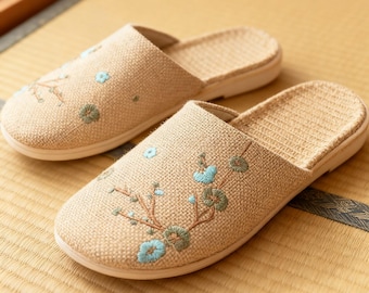 Handmade Japanese Linen House Slippers for Women with Embroidered Cotton Design, Breathable Indoor Slippers for Home or Spa