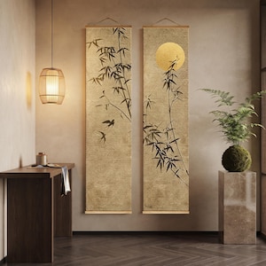 Japansk väggrulle-gobeläng för zen-heminredning, Wabi Sabi estetisk hängande konst, Kakejiku och Kakemono-inspirerad - Bambu