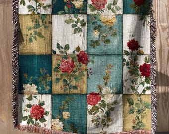 Woven Floral Patchwork Blanket, Cottagecore Cotton Throw, Cozy Floral Sofa Blanket, Mother’s Day Gift for Mom