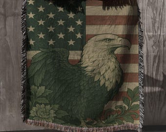 Patriotic Eagle Woven Throw Blanket, Americana Home Decor, Veteran Gift, USA 250 Anniversary Cozy Couch Blanket
