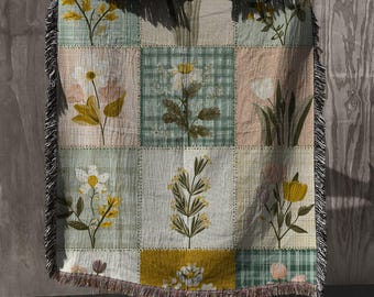 Woven Floral Patchwork Blanket, Cottagecore Cotton Throw for Couch, Cozy Floral Blanket, Mother’s Day Gift for Mom