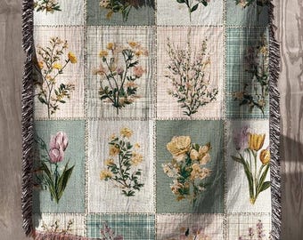 Woven Floral Patchwork Blanket, Cottagecore Cotton Throw for Couch, Cozy Heirloom Floral Home Décor, Mother’s Day Gift