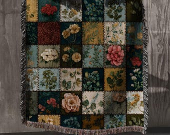 Woven Floral Patchwork Blanket, Cottagecore Throw for Couch or Bed, Cozy Cotton Tapestry Blanket, Mother’s Day Gift