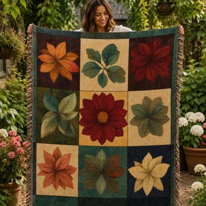 Fall Harvest Woven Blanket, Patchwork Botanical Throw, Autumn Leaves Florals Quilt-Look, Cottagecore Fall Decor, Thanksgiving Gift