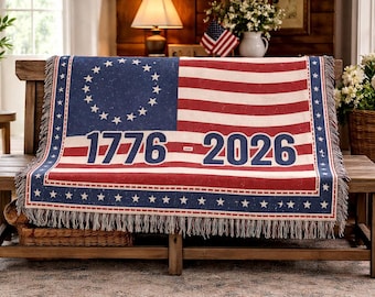 American Flag 1776–2026 Woven Blanket for USA 250 Anniversary, Patriotic Cotton Throw for Home, Veterans & Family Gifts