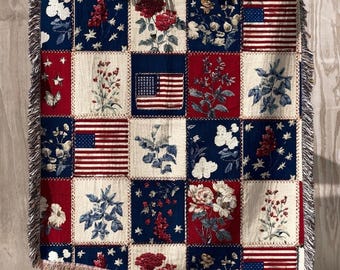 250th Anniversary | Vintage Patchwork American Flag Woven Blanket, Cozy Patriotic Cottagecore Throw for Farmhouse & Americana Homes