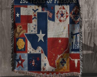 Coperta tessuta patriottica texana "Let Freedom Ring", regalo per il 250° anniversario degli Stati Uniti, decorazione per la casa in stile patchwork americano per il 4 luglio.