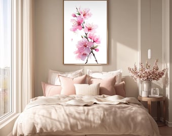Cherry Blossom Wall Art, Pink Floral Watercolor Print, Japanese Sakura Poster, Feminine Botanical Decor, Printable Wall Art 2:3