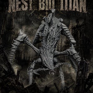 May include: A grey, multi-limbed creature figurine labeled NEST BIO TITAN. The figure features a textured, armored exoskeleton with numerous circular vents along its back, sharp clawed appendages, and a central head structure, set against a dark background.