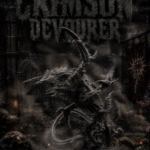 May include: A dark, textured digital illustration featuring a monstrous, multi-limbed creature with sharp, jagged appendages. The text CRIMSON DEVOURER is displayed in a distressed, weathered font at the top against a gloomy, gothic background.