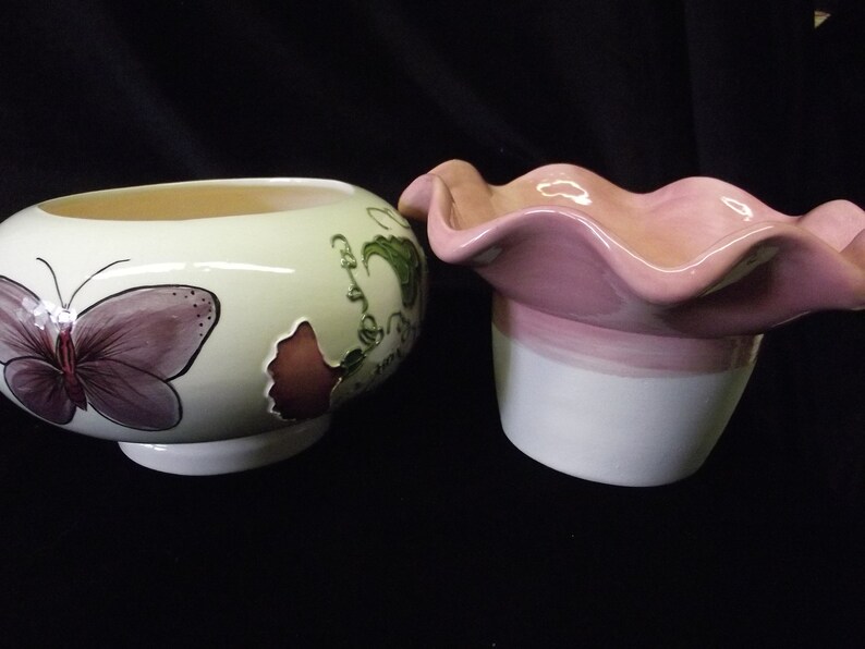 Handpainted African Violet Pot Pink Morning Glories and Butterfly