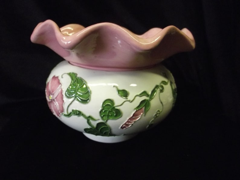 Handpainted African Violet Pot Pink Morning Glories and Butterfly