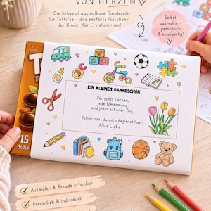 May include: A rectangular paper sleeve for a Toffifee box featuring a white background with colorful illustrations of toys, school supplies, and flowers. The center text reads Ein kleines Dankeschön, Für jedes Lachen, jede Umarmung und jeden schönen Tag. Schön, dass du mich begleitet hast! Alles Liebe.