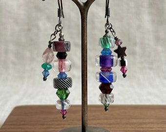 Fun Whimsical Multi Colored Beaded Dangle Earrings, Playful Colorful Boho Drop Jewelry
