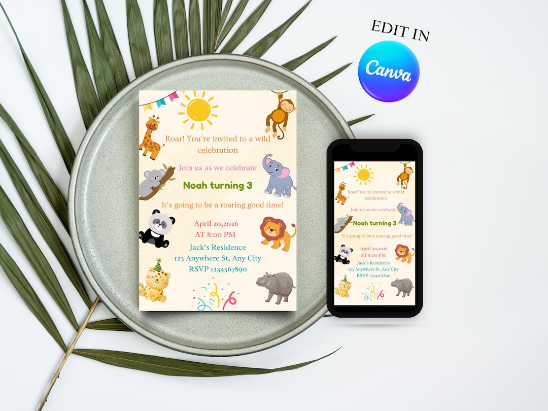 Safari Zoo Animals Birthday Invitation Template, Kids Animal Party ...