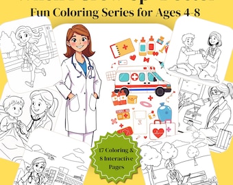 Könnte beinhalten: Ein Malbuch für Kinder mit dem Titel "When I Grow Up - Doctor" mit Illustrationen zum Thema Medizin. Das Cover zeigt einen Arzt und verschiedene medizinische Zeichnungen. Das Buch enthält 17 Malvorlagen und 8 interaktive Seiten.