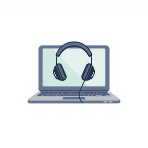 Può includere: Illustrazione di un laptop con un paio di cuffie blu scuro sullo schermo. Il laptop è grigio con uno schermo azzurro. Le cuffie sono collegate al laptop con un cavo nero.