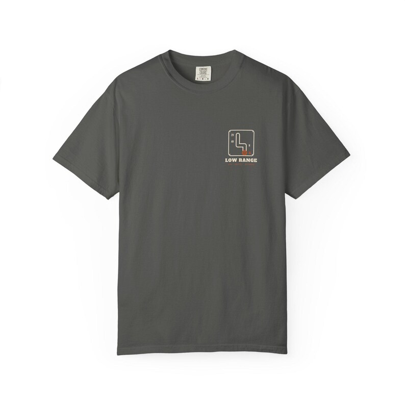 Low Range T-Shirt, 4x4 Shifter Back Print Tee with Pocket Logo, Off Road Overlanding Shirt, 100% Cotton Comfort Colors image 1