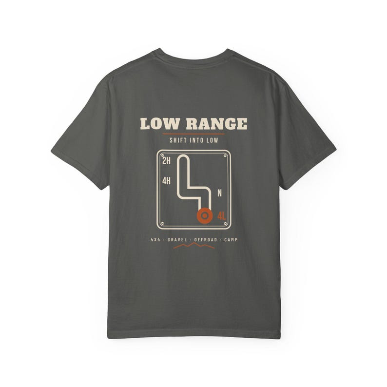 Low Range T-Shirt, 4x4 Shifter Back Print Tee with Pocket Logo, Off Road Overlanding Shirt, 100% Cotton Comfort Colors image 2