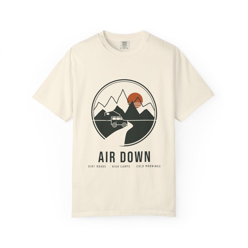 Air Down T-Shirt, Overlanding Rooftop Tent Mountain Badge Tee, 100% Cotton Comfort Colors Shirt, Off Road Camping Gift image 1