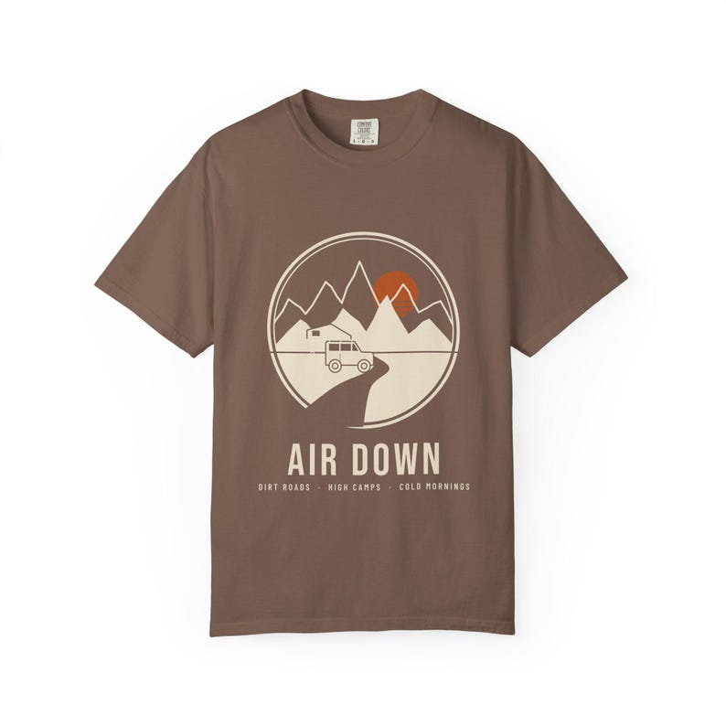Air Down T-Shirt, Overlanding Rooftop Tent Mountain Badge Tee, 100% Cotton Comfort Colors Shirt, Off Road Camping Gift image 3