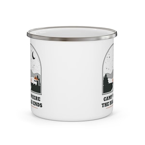 „Camping am Ende der Straße“-Tasse, 350 ml Emaille-Campingbecher, Kaffeetasse für Offroad-Abenteuer und Camping, Geschenkidee für Offroad-Reisen