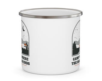 „Camping am Ende der Straße“-Tasse, 350 ml Emaille-Campingbecher, Kaffeetasse für Offroad-Abenteuer und Camping, Geschenkidee für Offroad-Reisen