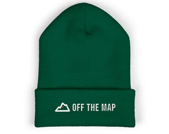 Off the Map Beanie, bestickte Strickmütze mit Bündchen, Wintermütze mit Berglogo für Camping, Offroad-Touren und Trailrunning