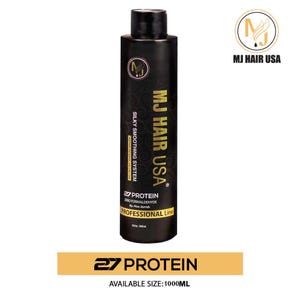 May include: A black bottle of MJ Hair USA Silky Smoothing System. The bottle has a black cap and a gold and white label with the text "27 Protein" and "Professional Line". The available size is 1000ml.