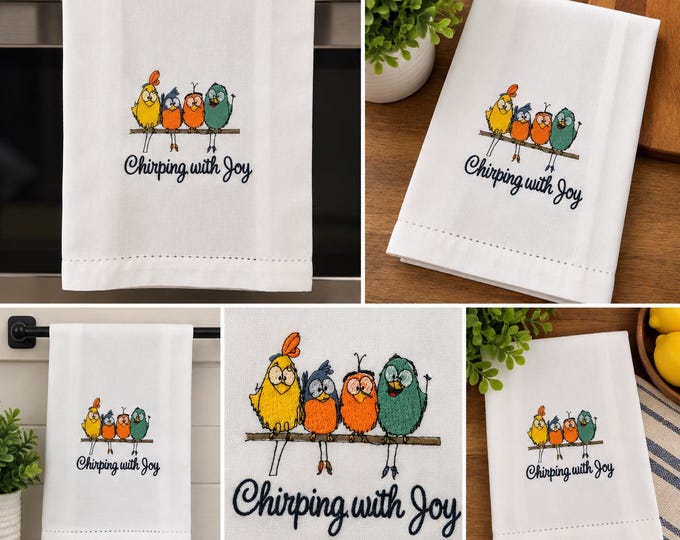 Featured listing image: Chirping with Joy Embroidered Tea Towel | Colorful Birds, Hemstitched Kitchen Linen