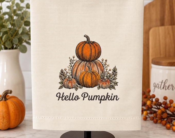 Featured listing image: Embroidered Hello Pumpkin Tea Towel, Fall Kitchen Decor, 70/30 Cotton/Linen