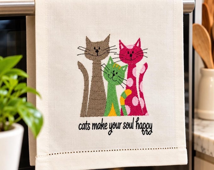 Featured listing image: Embroidered Cat Kitchen Towel – Whimsical Cats, Soul Happy Quote (Cotton/Linen)