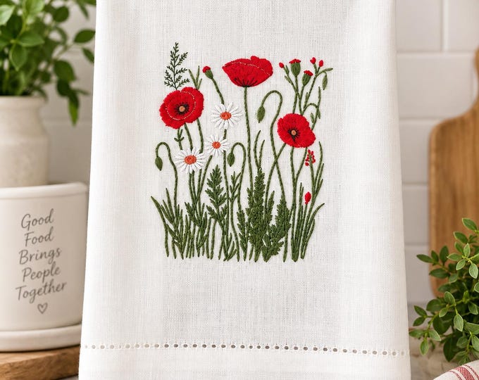 Featured listing image: Embroidered Poppy & Daisy Kitchen Towel, Floral Hemstitch, Cotton Linen Blend
