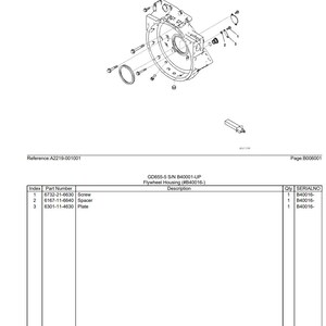 May include: An exploded diagram of a flywheel housing assembly, featuring a circular housing with various components like screws, a spacer, and a plate. The diagram includes part numbers and descriptions for each item.