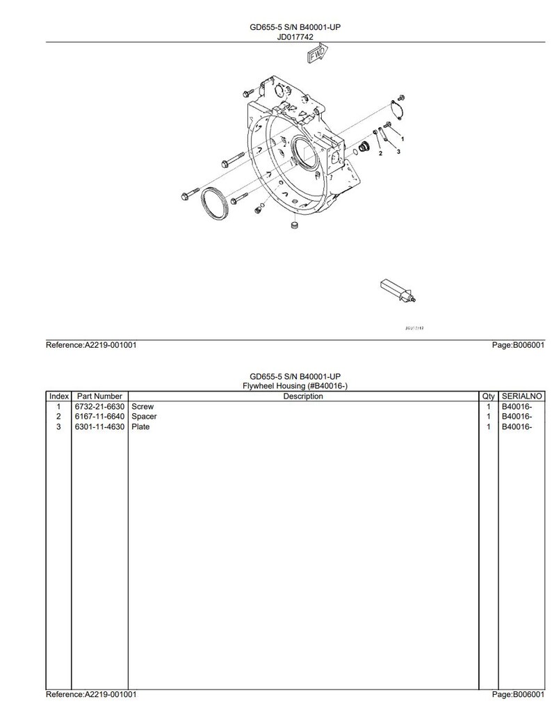 May include: An exploded diagram of a flywheel housing assembly, featuring a circular housing with various components like screws, a spacer, and a plate. The diagram includes part numbers and descriptions for each item.