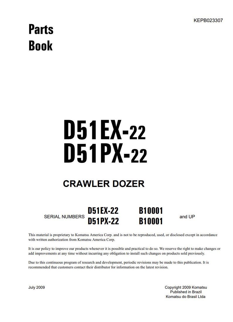 Op de afbeelding: Een wit document getiteld "Parts Book" met de tekst "D51EX-22 D51PX-22 CRAWLER DOZER." Bevat serienummers en copyrightinformatie van Komatsu America Corp. en Komatsu do Brasil Ltda.