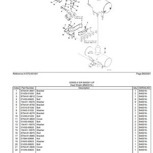 May include: An exploded diagram of mechanical components, including brackets, bolts, covers, and a muffler. The image includes a parts list with part numbers and descriptions. Text at the top reads "GD655-5 S/N B40001-UP JD018095".