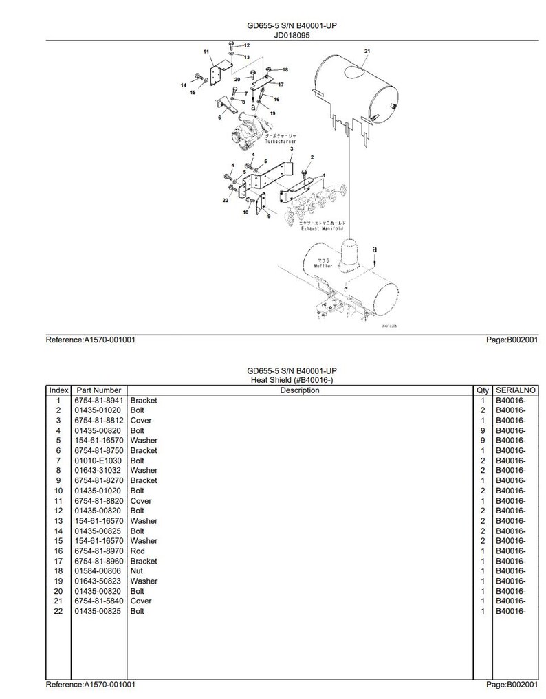 May include: An exploded diagram of mechanical components, including brackets, bolts, covers, and a muffler. The image includes a parts list with part numbers and descriptions. Text at the top reads "GD655-5 S/N B40001-UP JD018095".