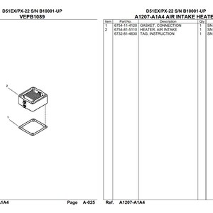 Op de afbeelding: Technische tekening van een luchtinlaatverwarming, inclusief pakking, verwarming en label. De tekening is gelabeld met onderdeelnummers en beschrijvingen. Het is een technische illustratie.