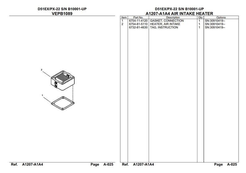 Op de afbeelding: Technische tekening van een luchtinlaatverwarming, inclusief pakking, verwarming en label. De tekening is gelabeld met onderdeelnummers en beschrijvingen. Het is een technische illustratie.