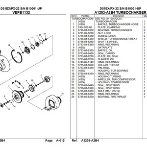 Op de afbeelding: Een explosietekening van een turbolader, gelabeld A1203-A2B4, met diverse componenten zoals lagers, ringen en behuizingen. Het diagram bevat een onderdelenlijst met artikelnummers en beschrijvingen. De tekst "D51EX/PX-22 S/N B10001-UP VEPB1132" staat bovenaan.