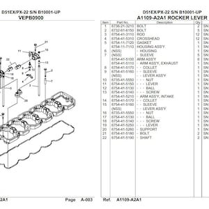 Op de afbeelding: Diagram van een tuimelassemblage met een onderdelenlijst. De afbeelding toont een explosieaanzicht van de componenten, inclusief bouten, stangen, pakkingen en hendels. Tekst bevat onderdeelnummers en beschrijvingen.