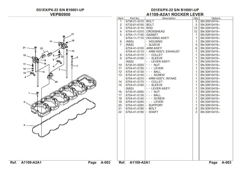 Op de afbeelding: Diagram van een tuimelassemblage met een onderdelenlijst. De afbeelding toont een explosieaanzicht van de componenten, inclusief bouten, stangen, pakkingen en hendels. Tekst bevat onderdeelnummers en beschrijvingen.