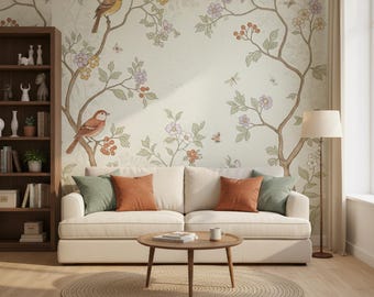 Chinese Style Floral & Bird Wallpaper – Elegant Oriental Wall Mural, peel and stick