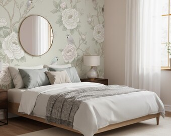 Floral Bird Wallpaper – Soft Vintage Botanical Wall Mural for Home Decor, peel and stick