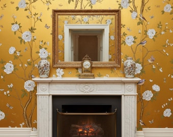 Vintage Gold Chinese Cherry Blossom Wallpaper Mural – Elegant Oriental Wall Art, peel and stick