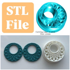 May include: An image featuring an orange square with the text "STL File" in white, alongside a 3D rendering of a teal circular design. Below are two teal and one white circular cutters, each with a floral pattern. The cutting edge is 0.4mm, and the size is 41mm.