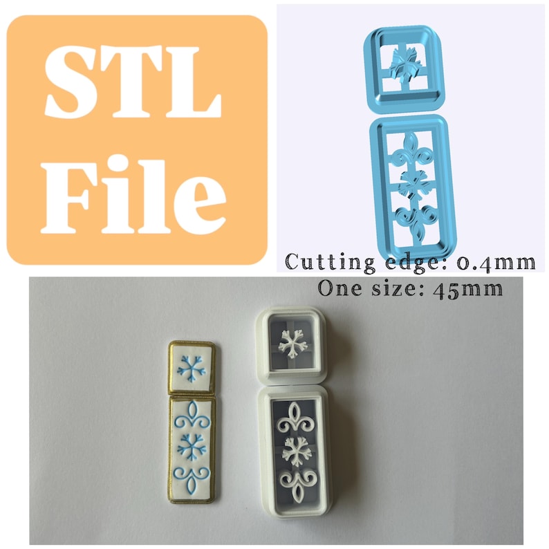 May include: Two light blue 3D printed cookie cutters with a snowflake and scroll design, labeled STL File. The cutters have a 0.4mm cutting edge and a 45mm size. Next to them are white clay impressions showing the snowflake and scroll patterns.